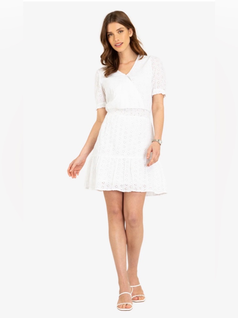 Women’s Polo White Eyelet Short Sleeve Ruffle Cotton Dress